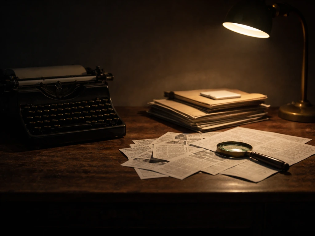 Somber desk scene with an old typewriter, scattered field notes, and a dim lamp suggesting investigation and wealth anal