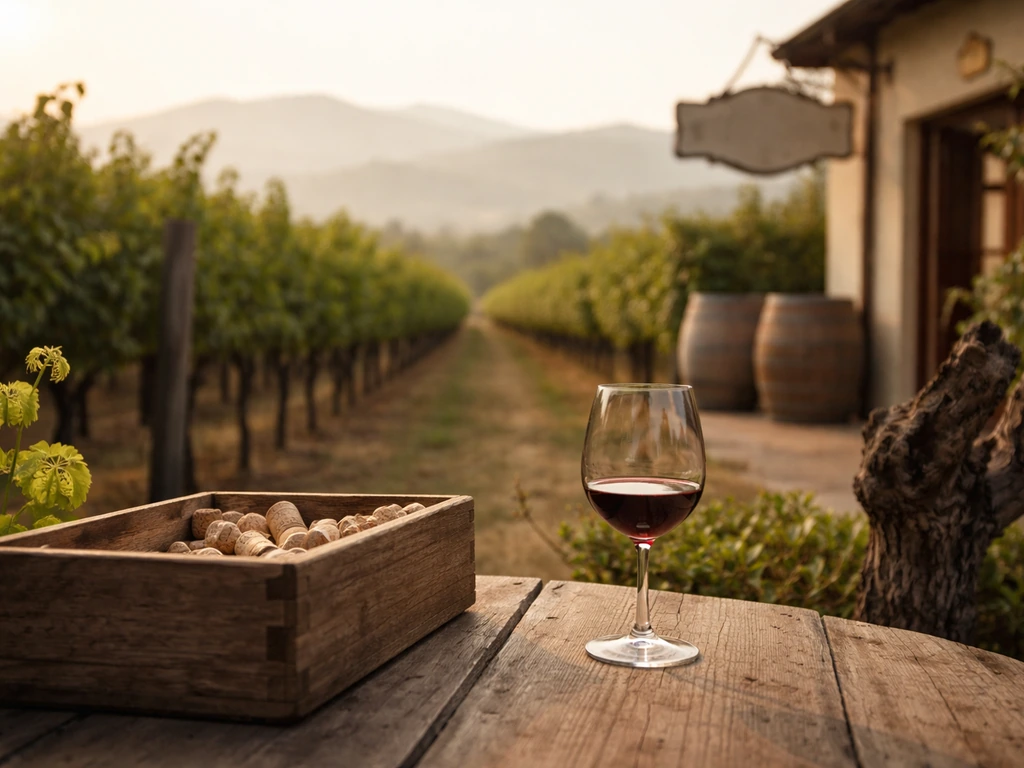 Napa vineyard at golden hour with red wine, wooden crate, and out-of-focus winery branding cues—no people.