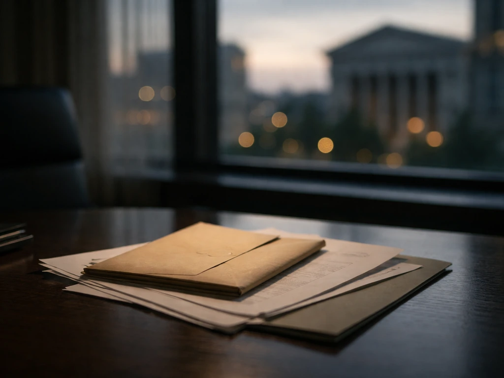 Empty financial office with a sealed envelope and scattered paper, symbolizing peak net worth and fraud.