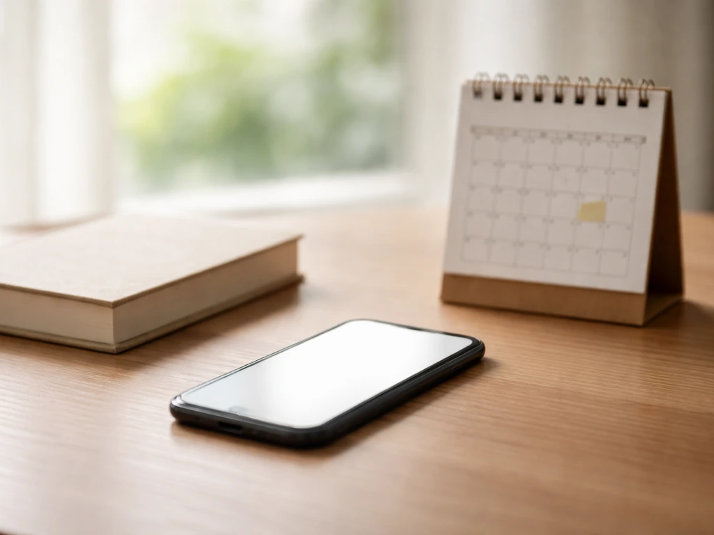 Minimal desk with smartphone and a calendar page turned to suggest recent updates.