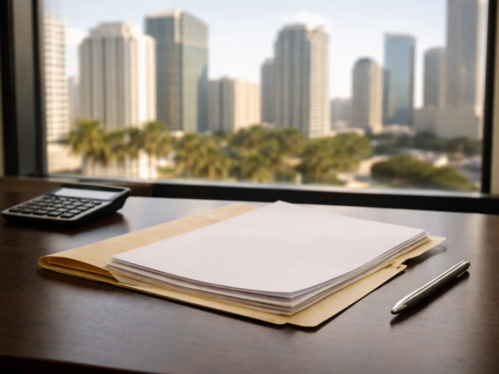 Open folder of public-record documents with calculator beside a finance skyline at a desk