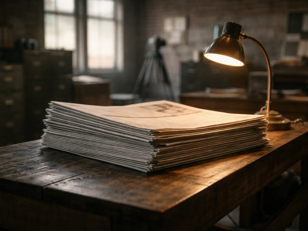 Vintage Fort Worth newsroom with rolling newsprint and a desk lamp beside a stack of printed papers