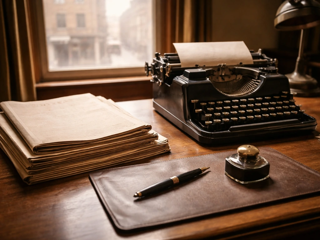 Vintage newsroom desk with a retro newspaper and an antique pen, symbolizing media influence