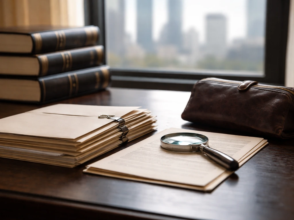 Minimal law office desk with case documents, books, and a magnifying glass symbolizing net-worth research.