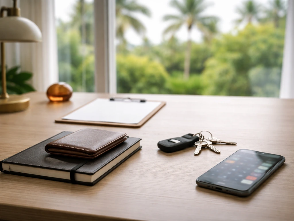 Minimal business desk with wallet and calculator phone, hinting at verifying a company’s value in a sunny Florida settin