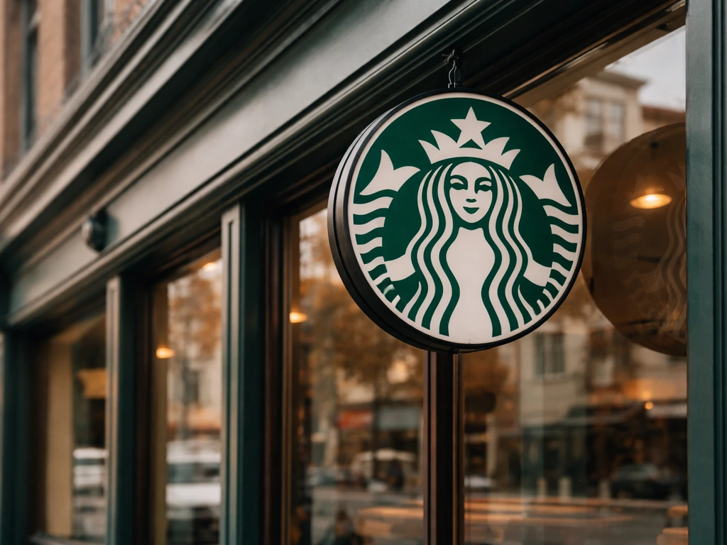 Close-up of a Starbucks storefront sign and window in daylight, minimal street background.