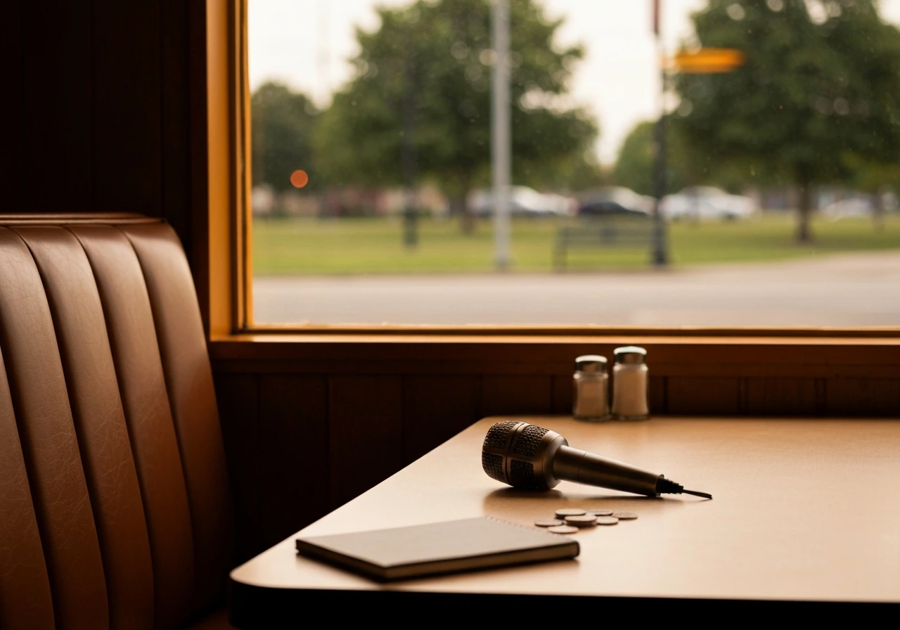 Minimal diner booth at golden hour with a retro microphone and scattered coins, symbolizing wealth estimates