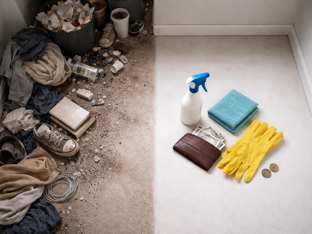 Overhead view of a messy room transforming into a clean, safe space with cleaning supplies nearby