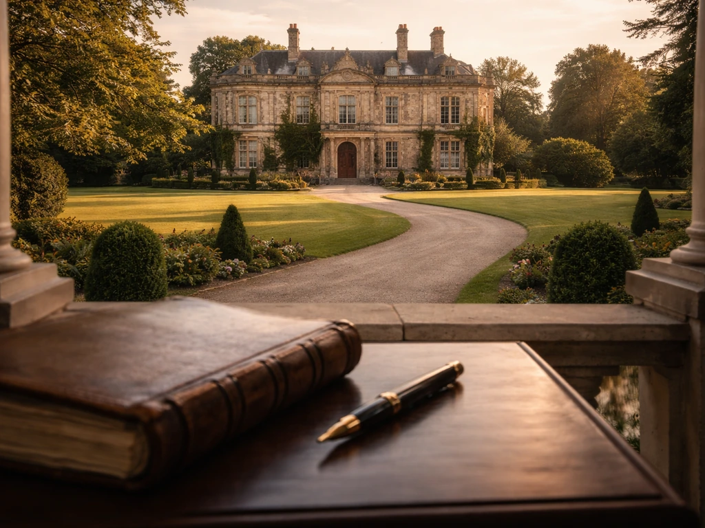 Grand British country estate with a ledger and pen on a porch desk, symbolizing wealth and asset calculation.