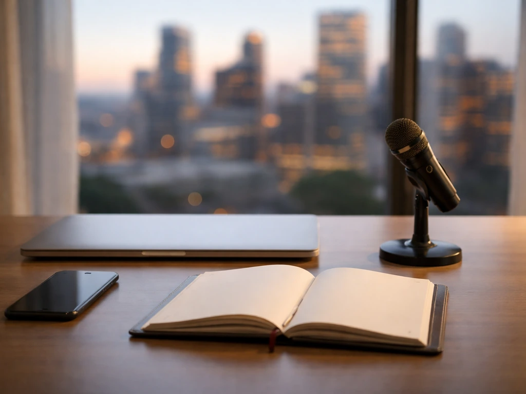 Minimal desk scene with a laptop, smartwatch, and coffee beside a softly blurred city skyline at dusk.