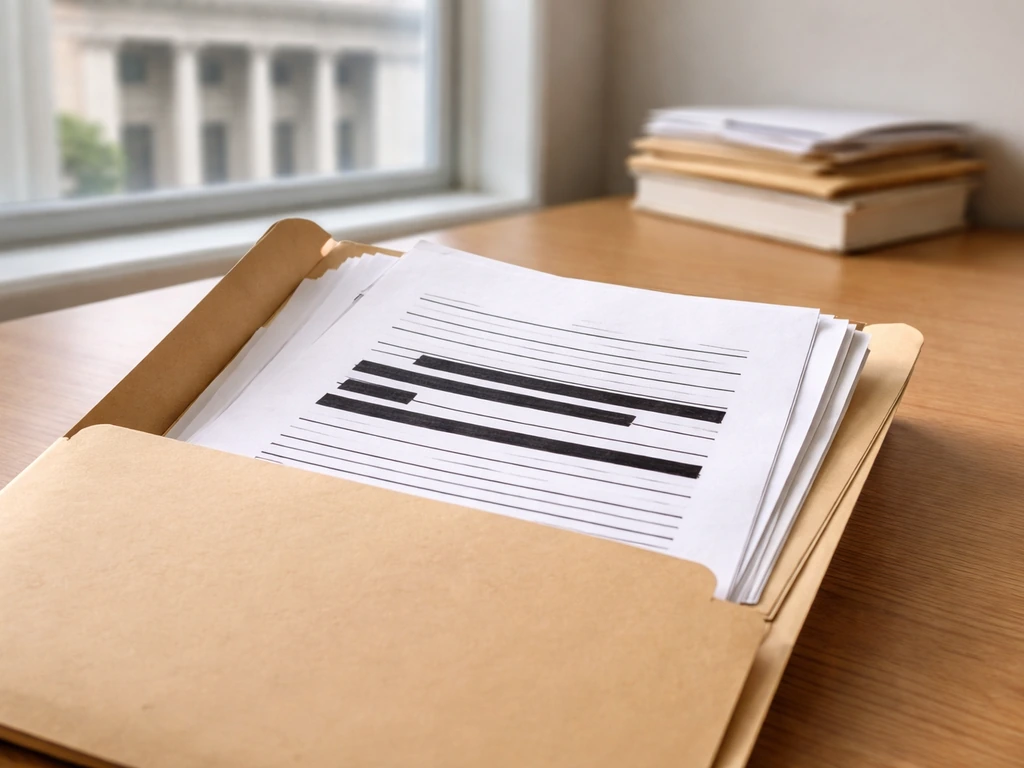 Open document folder on a desk with redacted-looking papers and no readable text, symbolizing cited records.