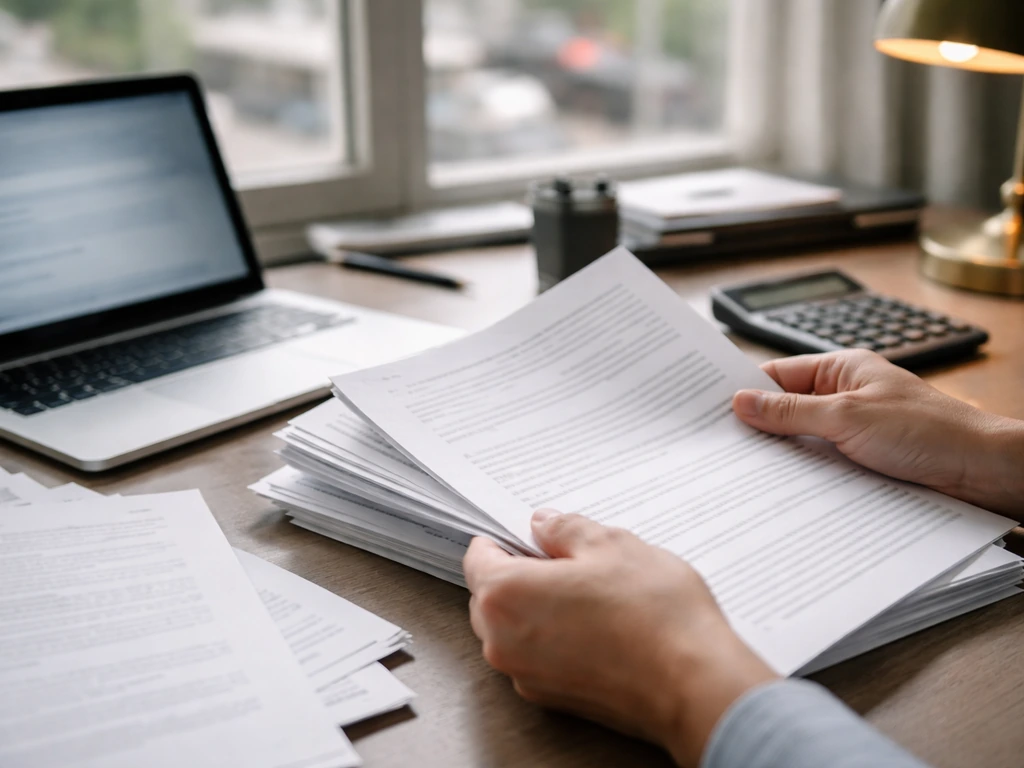 Close-up of hands comparing documents and a calculator beside a laptop in a quiet office