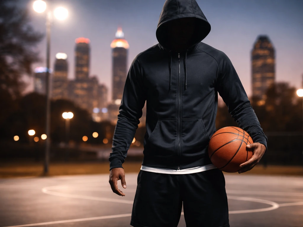 Anonymous athlete holding a basketball outdoors at dusk with a soft Atlanta skyline background.