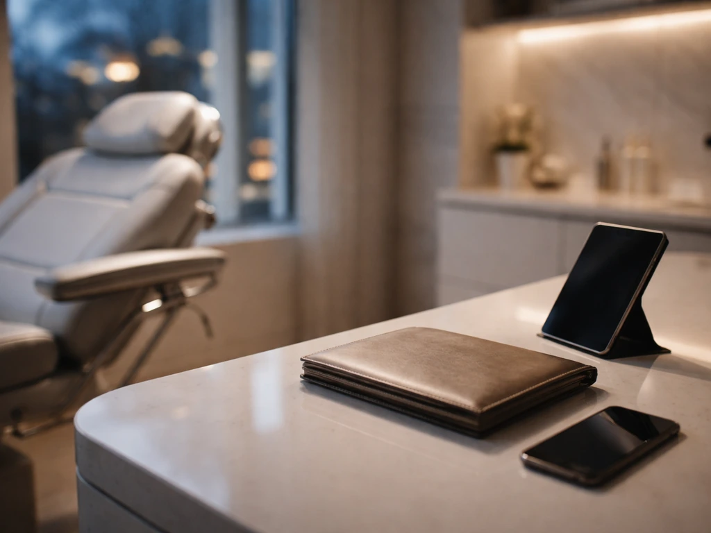 Modern clinic exam room with a sleek tablet and soft jewelry-like lighting, evoking luxury and media influence.